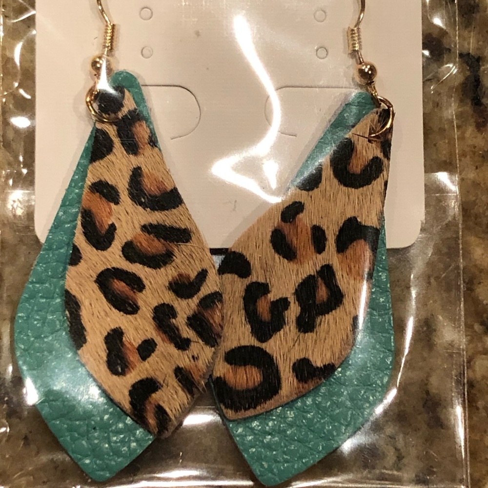 Leopard and turquoise leather drop earrings